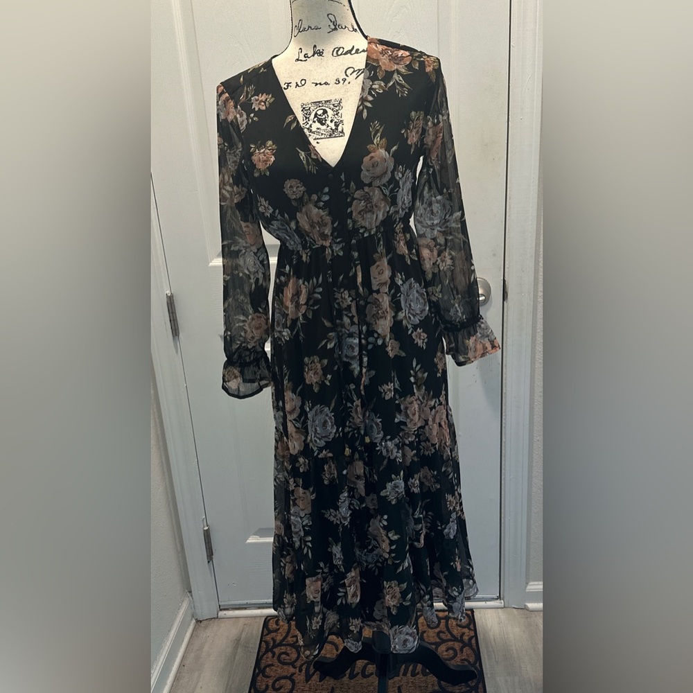 Indulge Black Floral Long Sleeve V-Neck Maxi Dress